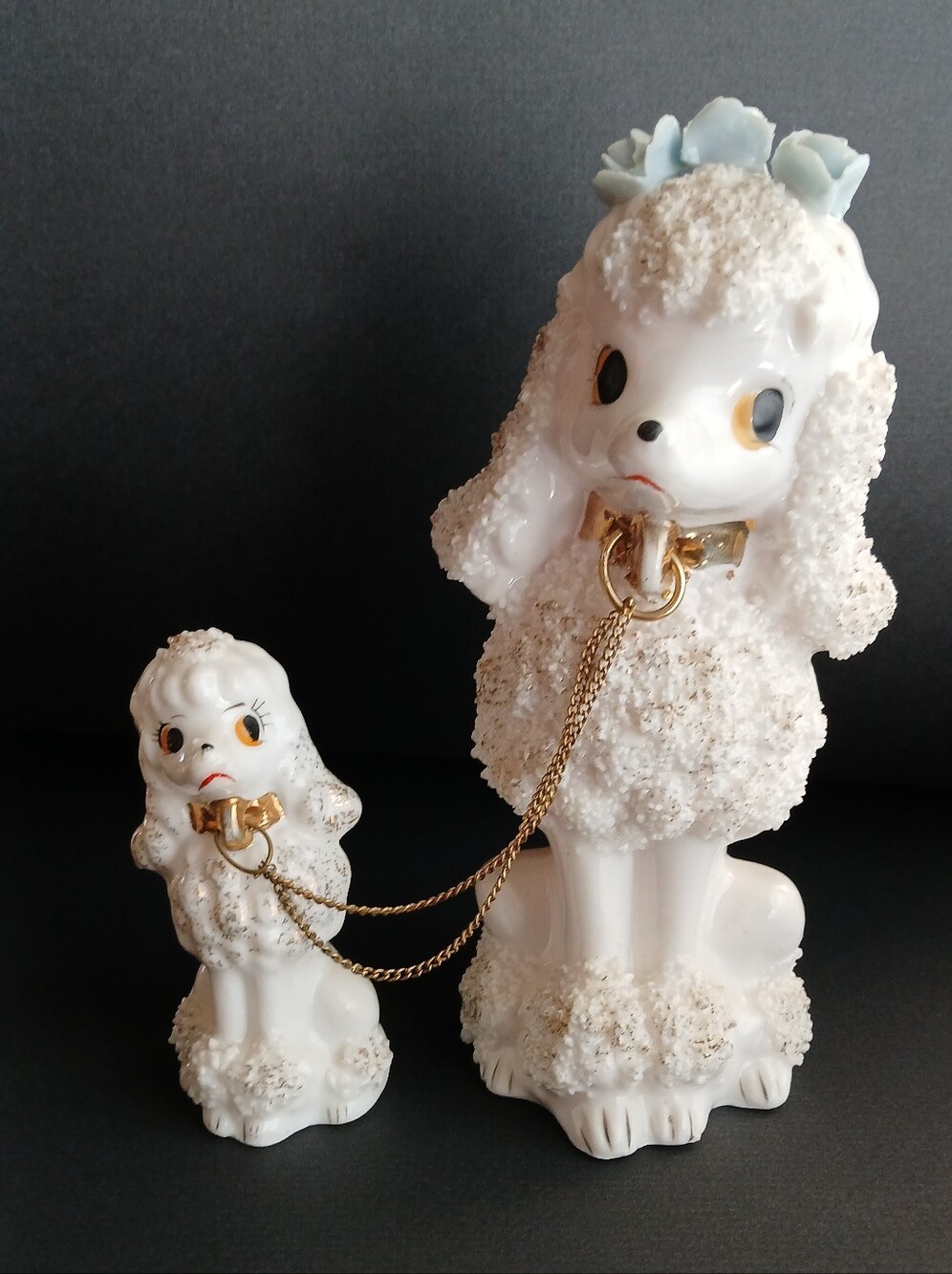 1950's Spaghetti Poodle Dog Figurine Set with Gold Chain